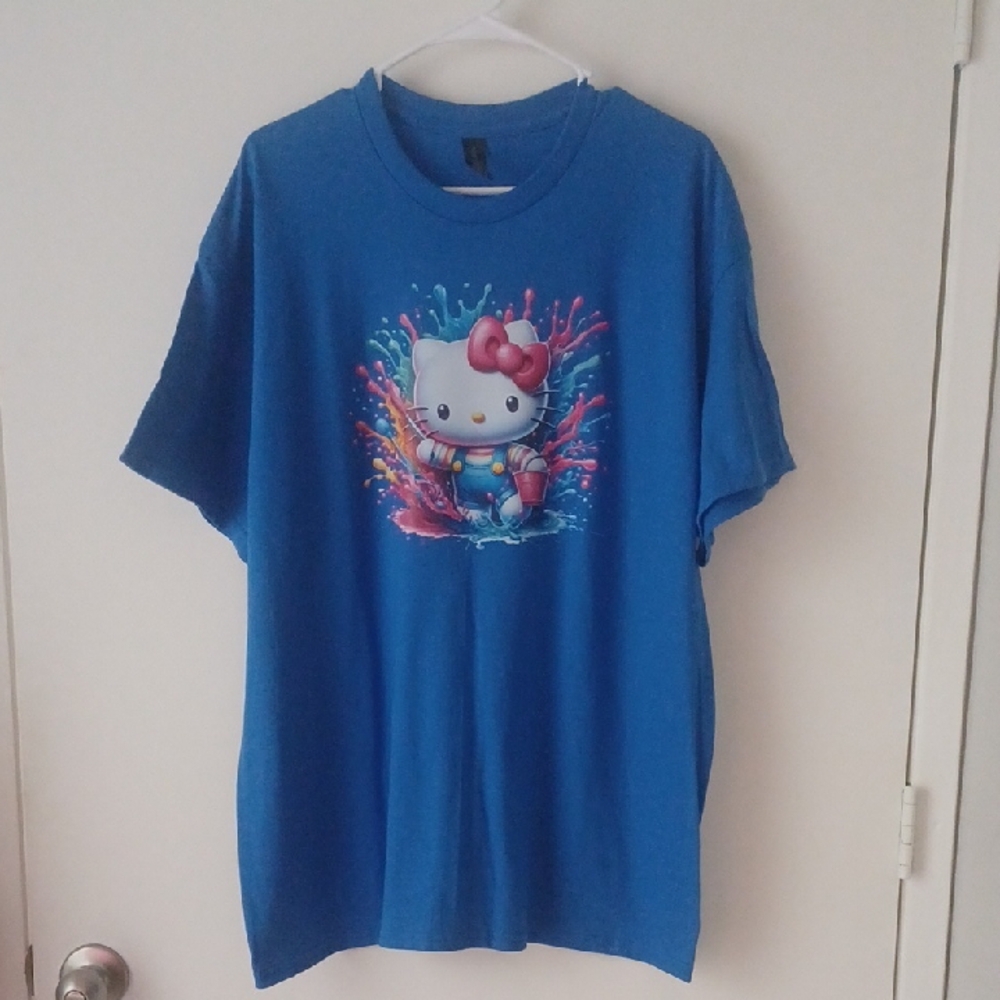 Hello Kitty Blue Short Sleeve Tee with Floral Cartoon Design